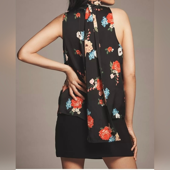 By Anthropologie Silky Halter Tank Top Blouse, Black Floral Pattern, Size Small - Picture 5 of 11